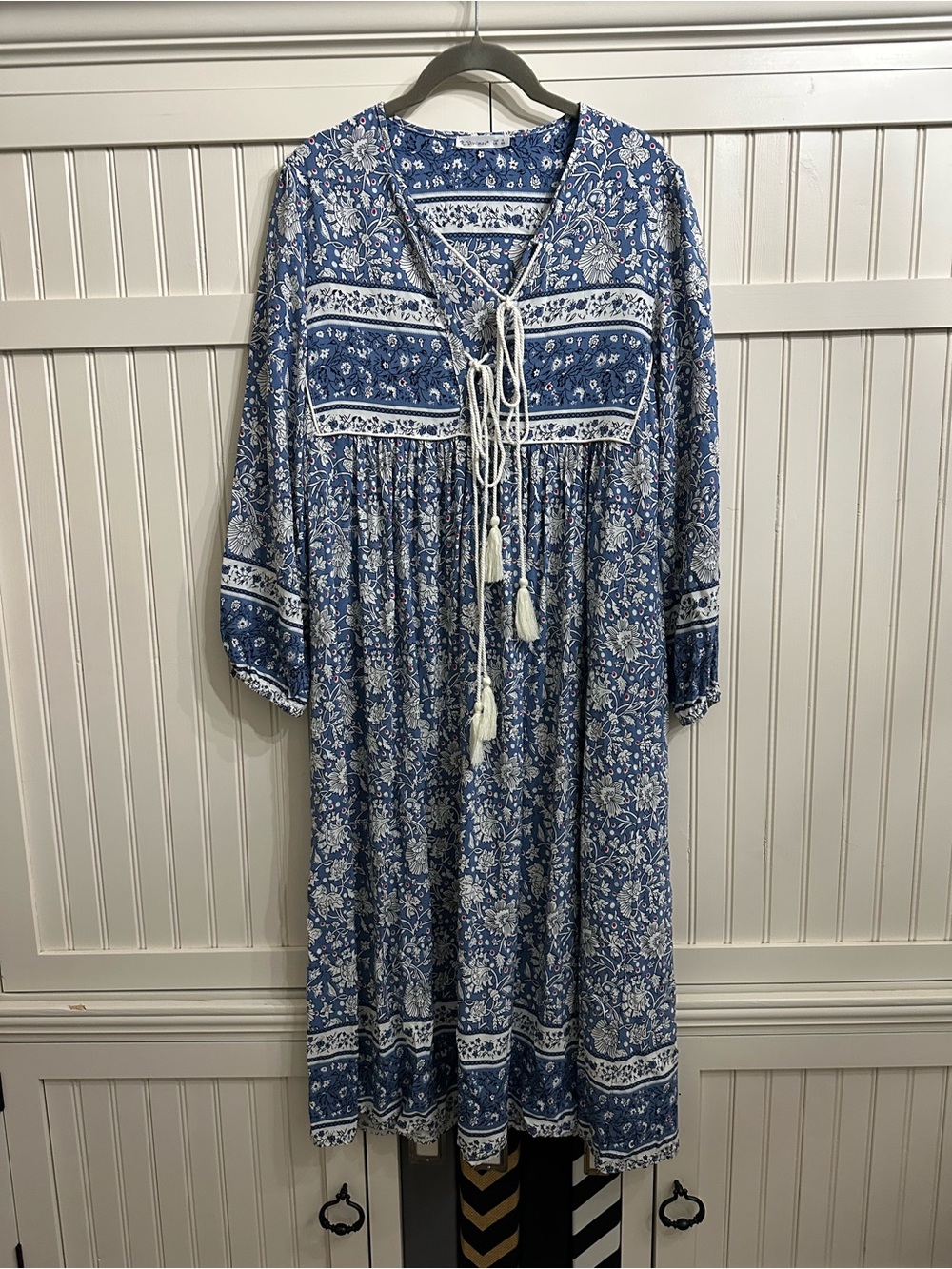 Blue Floral Maxi Peasant Dress with Tassel Tie